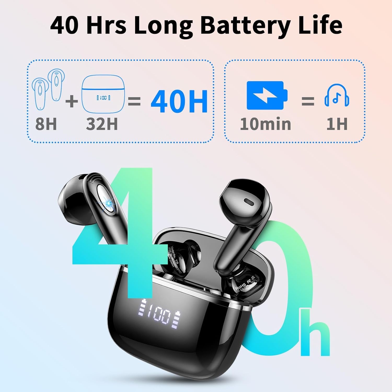 Wireless Earbud, Bluetooth Headphones 5.3 Built in 4 ENC Mic, Hi-Fi Stereo Bass Wireless Earphones, 40H Bluetooth Earbud In-Ear Dual LED Display, USB-C, IP7 Waterproof Sports Ear Buds, for Android Ios