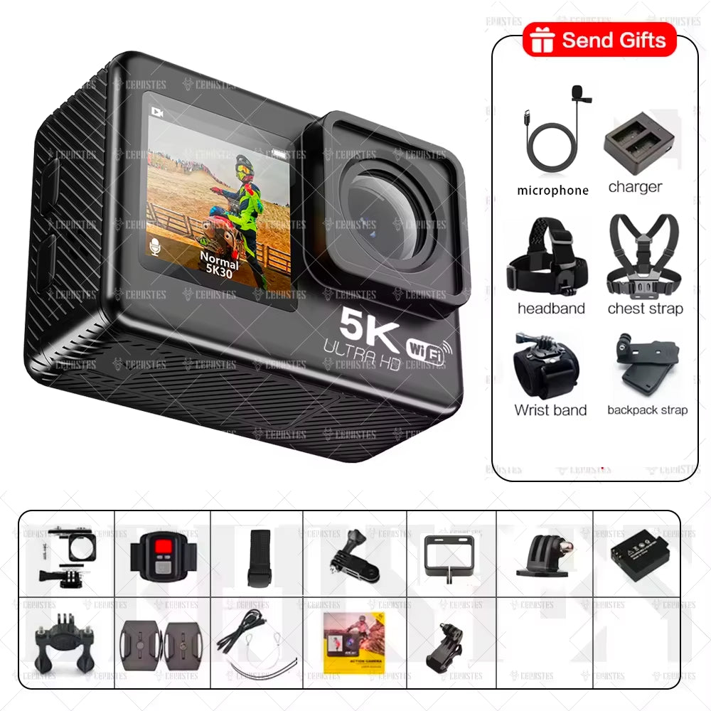 Action Camera 5K 4K60FPS Wifi Anti-Shake Dual Screen 170° Wide Angle 30M Waterproof Sport Camera with Remote Control