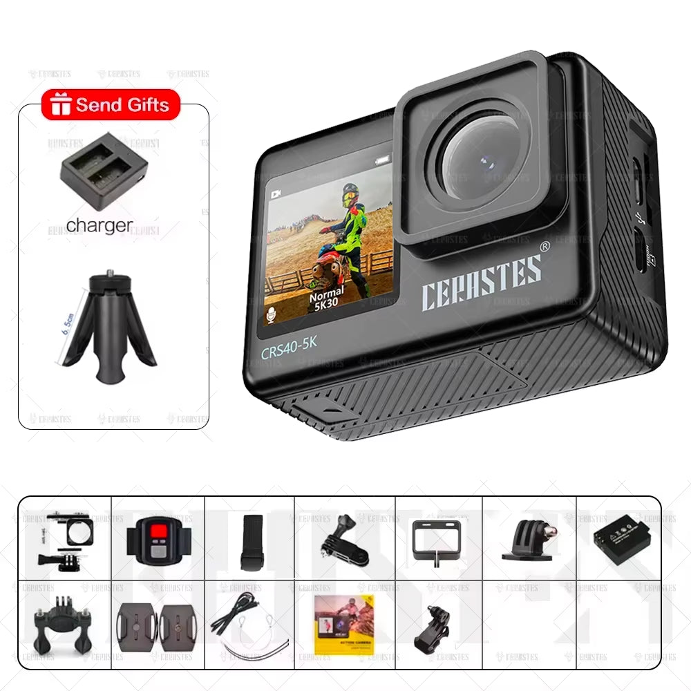 CERASTES Action Camera 5K 4K 60FPS Wifi Anti-Shake Dual Screen 170° Wide Angle 30M Waterproof Sport Camera with Remote Control