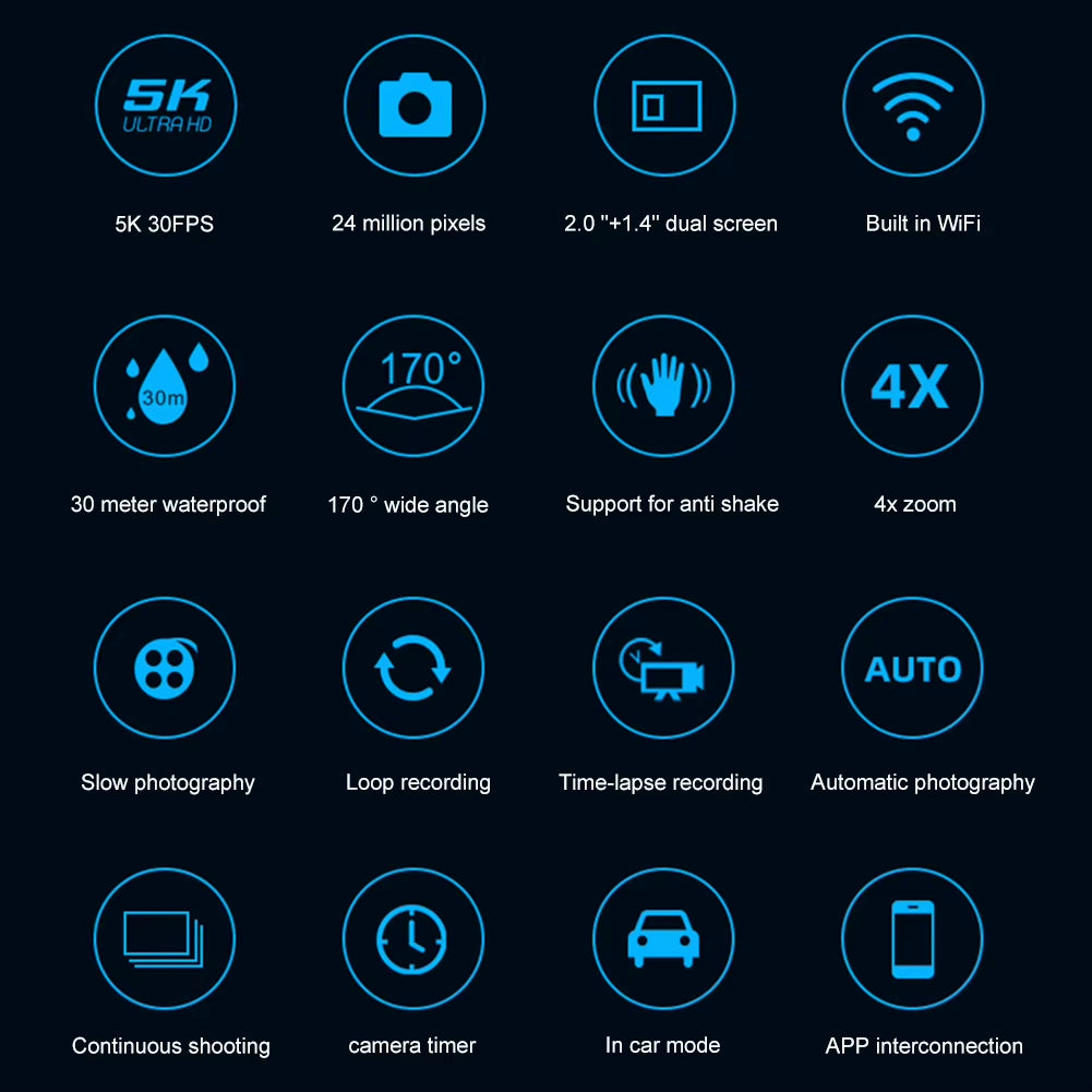5K 4K 60FPS Action Camera 170° Wide Angle WIFI Outdoor Cycling Camera 30M Waterproof Diving Mini DV Camera with Remote Control