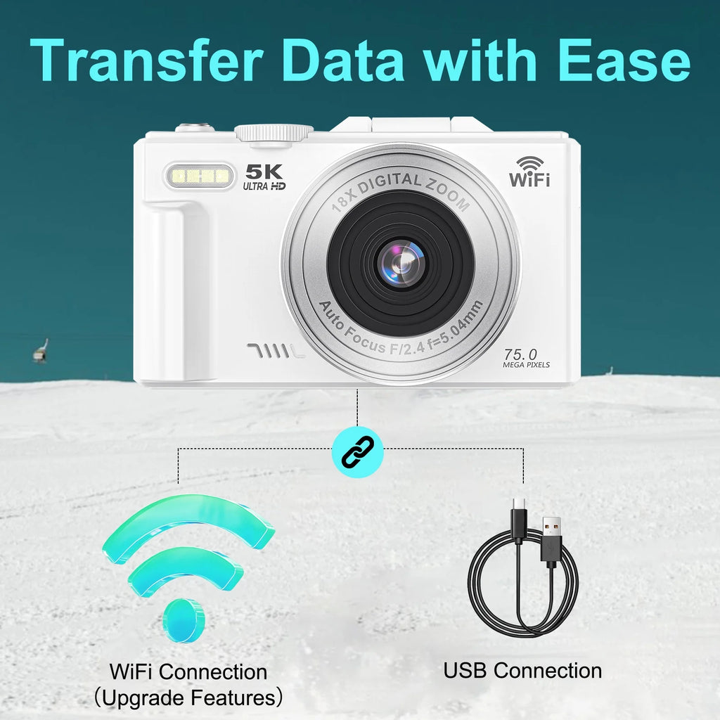 Digital Camera 5K 75MP Wifi Vlogging Camera for Photography, 18X Zoom, Autofocus, Flip Screen with 32GB Card, White