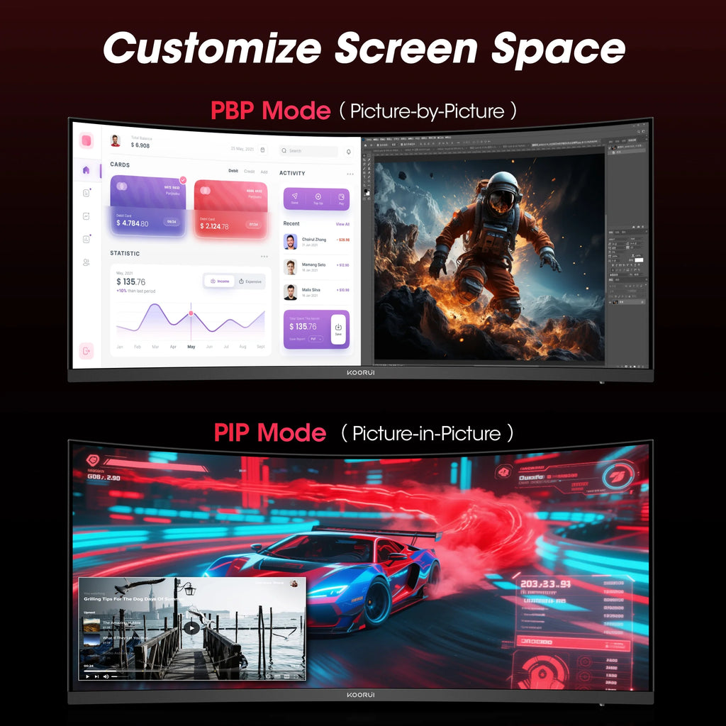 34'' WQHD Curved Gaming Monitor, 180Hz/165Hz Ultrawide Monitor, 3440×1440P 1Ms(Mprt) HDR400, Black